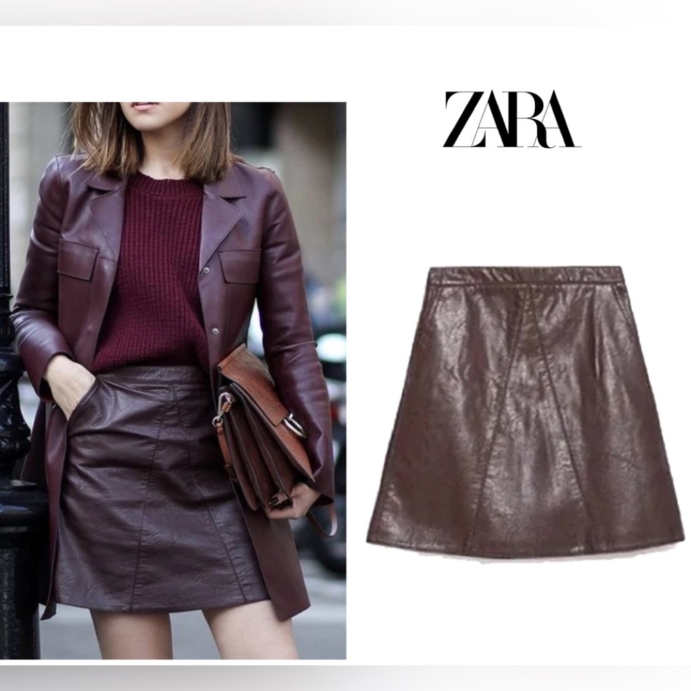 Zara Burgundy Red Faux Leather A-line Mini Skirt Sz M